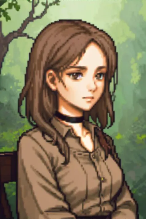 <lora:pixelstyle-sah2:0.7>, gbaportrait, pixel art, portrait of a woman wearing light brown solid colored chambray shirt, choker