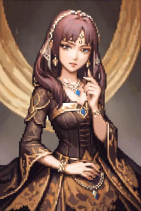 <lora:pixelstyle-sah2:0.7>, gbaportrait, pixel art, portrait of a woman wearing auburn damask pullover, diamond necklace