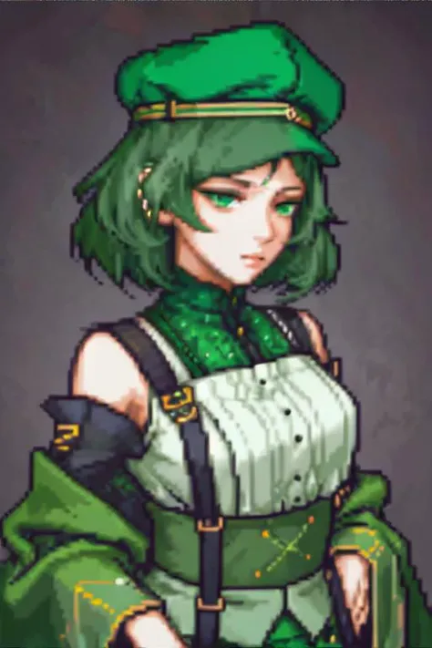 <lora:pixelstyle-sah2:0.7>, gbaportrait, pixel art, portrait of a woman wearing dark green geometric pattern cap sleeve shirt, suspenders