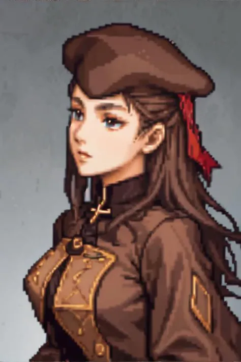 <lora:pixelstyle-sah2:0.7>, gbaportrait, pixel art, portrait of a woman wearing chocolate brown solid colored bishop sleeve shirt, beret
