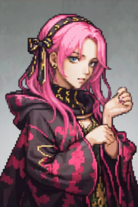 <lora:pixelstyle-sah2:0.7>, gbaportrait, pixel art, portrait of a woman wearing mulberry leopard print hoodie, hair tie