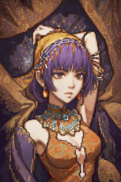 <lora:pixelstyle-sah2:0.7>, gbaportrait, pixel art, portrait of a woman wearing amber paisley tank top, shawl