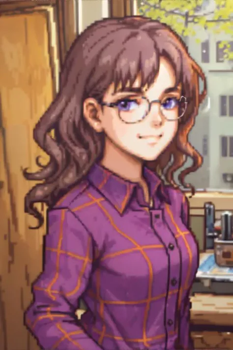 <lora:bzl:0.6>, <lora:pixelstyle-sah2:0.7>, gbaportrait, bzl_test, wavy short brown hair, (blue|grey) eyes, glasses, purple plaid flannel shirt, closed smile, (freckles:0.4)