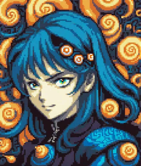 gba portrait <lora:GBA Style SDXL v3:1> pixel art, flat design 8 bit, manga drawing of uzumaki from addams family (horror face) Pen and (Ink) Cross ((Hatching)), ((thick lines)), by ((junji ito)) by vladimir kush, fine details, ink art, outline tracing, intricate details, high contrast, paper texture, ((microporosity Surface)), ((snails)) (spirals) Papyrus ((intricate details)), octane render, concept art. digital artwork, illustrative, painterly, matte painting, highly detailed