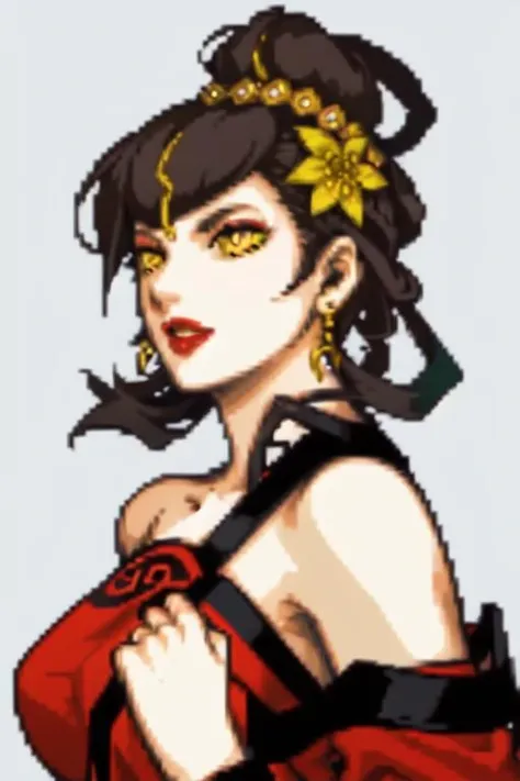 <lora:gbaportrait:0.7> gbaportrait,, <lora:nuwasmtv:0.7> nuwasmtv, yellow eyes, dress, hair ornament, bare shoulders, jewelry, earrings, red dress, chinese clothes, black hair, brown hair, nail polish, large breasts, hair rings, makeup, sash, pale skin, red lips, lipstick