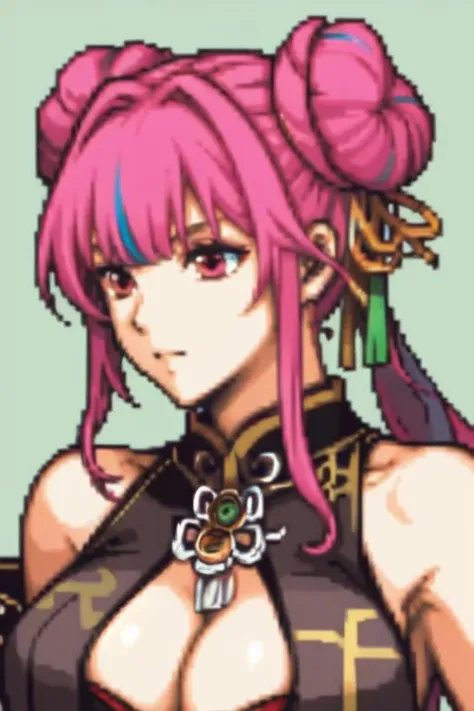 <lora:gbaportrait:0.7> (headshot), (portrait), gbaportrait, simple background, solo, green background, <lora:bremertonKungFuCruiser_v10:0.5>, bremerton (kung fu cruiser) (azur lane), hair bun, pink hair, chinese clothes, cleavage, long hair, multicolored hair, bangs,