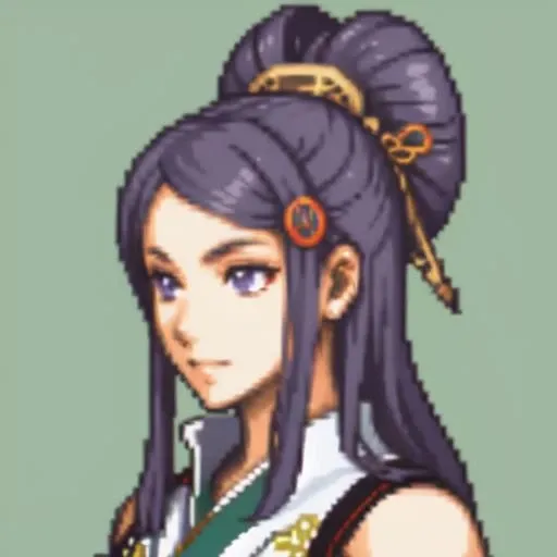 (headshot), (portrait), <lora:gbaportrait-08:0.7> gbaportrait, simple background, solo, green background, <lora:orochi-nvwls-v1-final:0.7>, orochi, hair ornament, white crop top, detached sleeves, bracelets, black pants