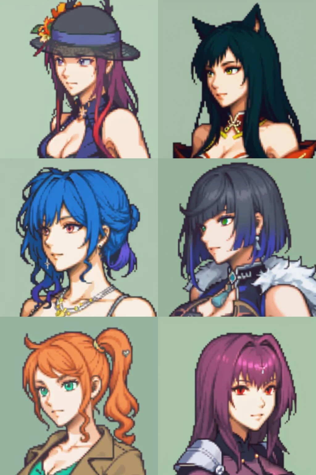 <lora:gbaportrait:0.7> (headshot), (portrait), gbaportrait, simple background, solo, green background { <lora:Ivy_TB:0.7> ivy alt, large breasts, jewelry, bikini, bracelet, one-piece swimsuit, black headwear, sun hat, black one-piece swimsuit, hat flower, sarong | <lora:ahri_v10:0.5> ah1, ahri, korean clothes, cleavage, bare shoulders, detached sleeves|<lora:stLouisLuxuriousWheels_v1:1> st. louis \(luxurious wheels\) \(azur lane\), blue hair, (silver dress), necklace, updo hairstyle |<lora:yelan1:0.7> yelandef, cleavage, blunt bangs, large breasts| <lora:pokemon_sonia:0.7> sonia, side ponytail, hair ornament, heart hair ornament, breasts, green shirt, collarbone, coat, ribbed shirt, cleavage, brown coat, jeans| <lora:fate_scathach:0.7> scathach \(fate\), 1girl, solo, breasts, large breasts, bodysuit, purple bodysuit, shoulder armor}