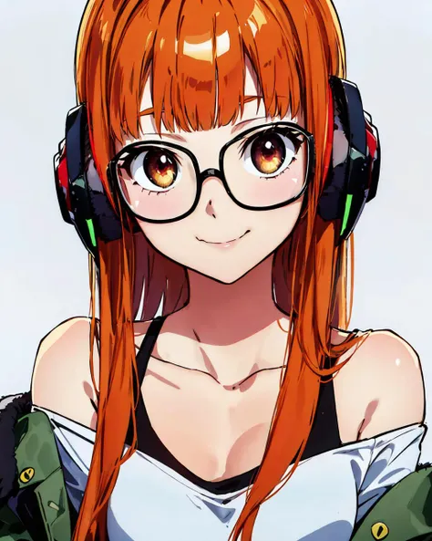 (masterpiece, best quality:1.1), <lora:Persona5SakuraFutabaCharecter_v10:0.7>, upper body, solo, 1girl, sakura futaba, smile, looking at viewer, long orange hair, headphones, glasses, green off-shoulder jacket, white shirt, simple background