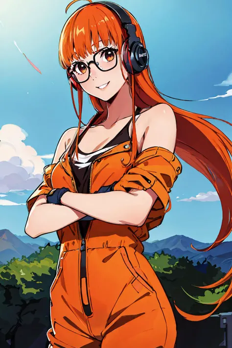 (masterpiece, best quality:1.1), <lora:Persona5SakuraFutabaCharecter_v10:0.7>, cowboy shot, solo, 1girl, sakura futaba, smile, looking at viewer, crossed arms, long orange hair, headphones, glasses, jumpsuit, gloves