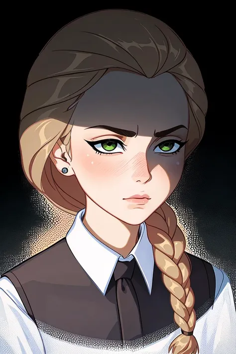 (dark theme:0.9), katyastik, 1girl, solo, braid, long hair, shirt, earrings, single braid, white shirt, collared shirt, brown hair, green eyes, blonde hair , upper body , closed mouth, day, <lora:katyastik:0.55>, (hdr:1.22), muted colors, complex background, hyperrealism, hyperdetailed, amandine van ray