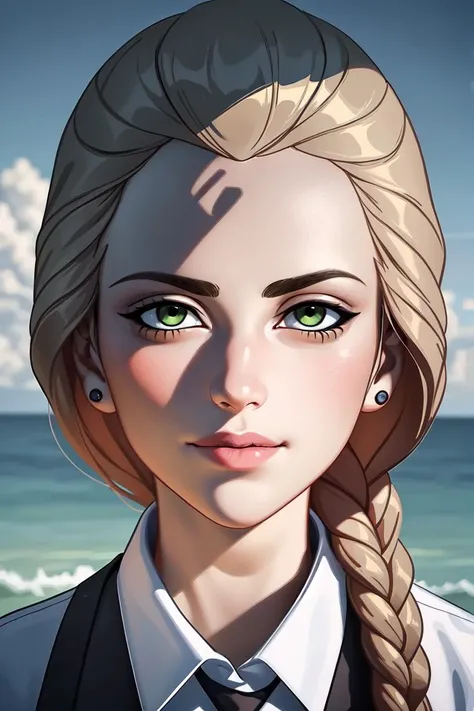 katyastik, 1girl, solo, braid, long hair, shirt, earrings, single braid, white shirt, collared shirt, brown hair, green eyes, blonde hair ,smile , closed mouth, day, nature, ocean, sky <lora:katyastik:0.55>, best quality, ultra high res, (photorealistic:1.4),, high resolution, detailed, raw photo, sharp re, by lee jeffries nikon d850 film stock photograph 4 kodak portra 400 camera f1.6 lens rich colors hyper realistic lifelike texture dramatic lighting unrealengine trending on artstation cinestill 800,, photorealistic, photo, masterpiece, realistic, realism, photorealism, high contrast, photorealistic digital art trending on Artstation 8k HD high definition detailed realistic, detailed, skin texture, hyper detailed, realistic skin texture, armature, ((HD, clear, sharp, in focus))