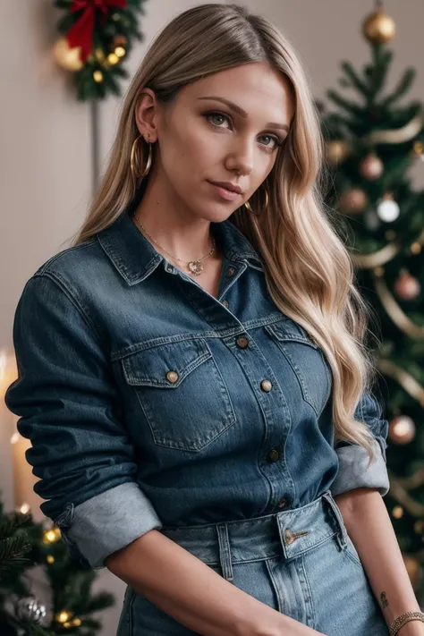 photo of (EPSt3phL33-360:0.99), a woman, perfect blonde hair, perfect makeup, posing, (selfie photo, Denim collared shirt half-tucked into a denim flared skirt, layered with a leather jacket and ankle boots.), ((Christmas Eve)), (Christmas inspired mistletoe), (Unexpected proposal in background:1.2),(closeup portrait), necklace, hoop earrings, 24mm, (Instagram Smartphone Filters), (cinematic, film grain:1.3), ((brilliant colour, gradient)), ((detailed eyes)), smiling, (epicPhoto)