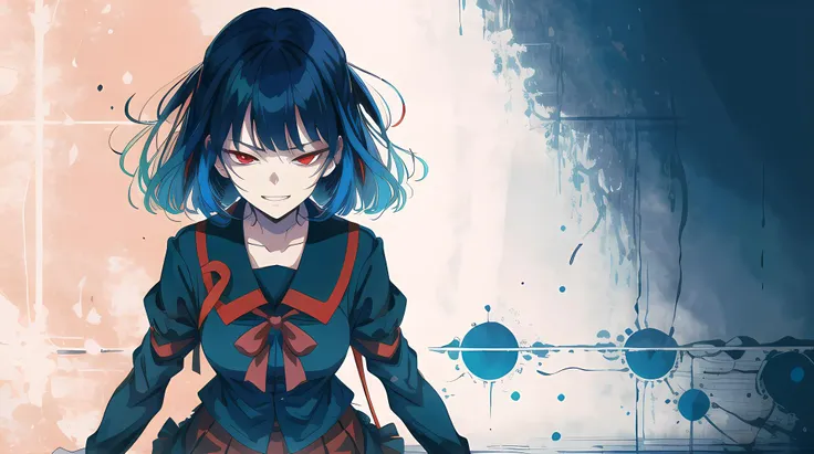 masterpiece, best quality, absurdres, 1girl, reflection of character, another side, dark side, serafuku, pleated skirt, gesugao, evil grin, half-closed eyes, looking at viewer, teeth, <hypernet:yandereGesugaoStyle_v10:1>, blue hair, red eyes,