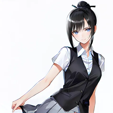 (adult woman), 1girl, solo, (black hair, medium hair, hair bun ponytail), smile, blue eyes, detailed face, detailed skin, (skirt, closed vest, short sleeve), no background, white background,, (best quality, high detail), <lora:Sty - Tony Taka v3:1>
