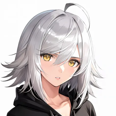 portrait, (adult woman), 1girl, solo, (silver hair, short hair), (ahoge), ((messy hair, unkempt hair)), yellow eyes, detailed face, (black hoodie), (plain background, white background), (best quality, high detail), <lora:Sty - Tony Taka v3:1>
