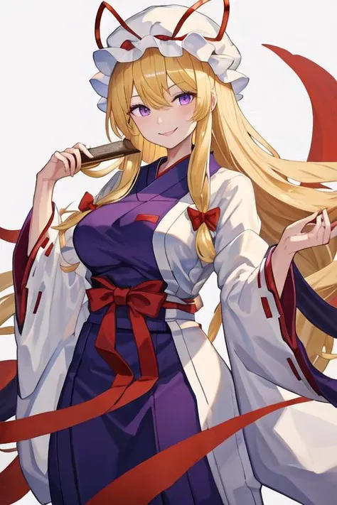 best quality, masterpiece, highres, solo, {white kimono:1.35}, {red hakama:1.35}, {wide sleeves:1.20}, {yakumo_yukari_touhou:1.15}, blonde_hair, ribbon, hat, long_hair, mob_cap, hat_ribbon, red_ribbon, smile, white_headwear, bangs, bow, breasts, purple_eyes, hair_between_eyes, hair_bow, tabard, upper_body, large_breasts, very_long_hair
