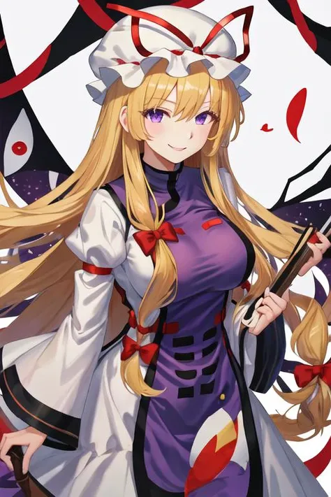 best quality, masterpiece, highres, solo, {yakumo_yukari_touhou:1.15}, blonde_hair, ribbon, hat, long_hair, mob_cap, hat_ribbon, red_ribbon, smile, white_headwear, bangs, bow, breasts, purple_eyes, hair_between_eyes, hair_bow, tabard, upper_body, large_breasts, very_long_hair