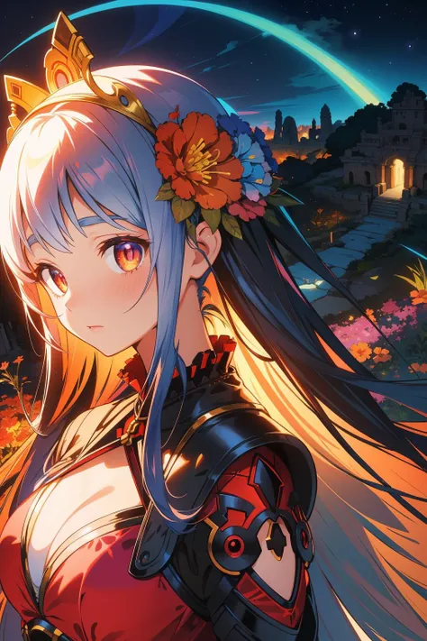 1girl, professional Fractal, concept art, landscape of a Biopunk Detestable ([Lalbagh Botanical Garden|Tiwanaku]:1.3) from inside of a Dubrovnik City Walls, lord of the rings scenery landscape, Carnation Blue flora and flower field, at Sunrise, (character art by Studio Ghibli:1.2) , (John Reuss:1.2) , Detailed illustration, Peaceful, monotype, flat lighting, Depth of field 100mm, Mustard and deep red neon hue, caustics, Elegant, wallpaper, 8K