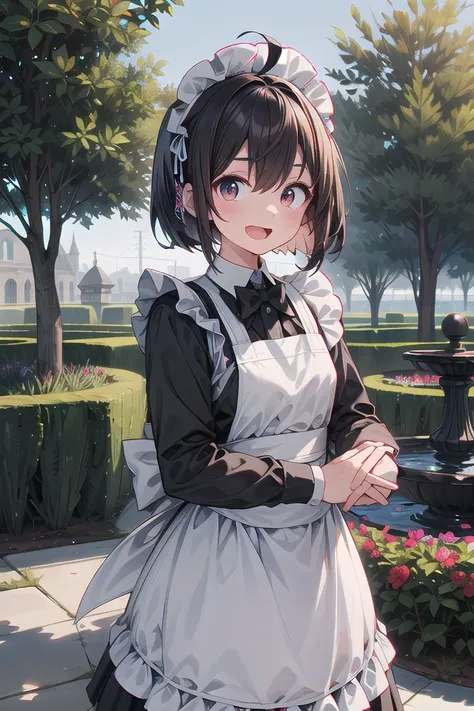 <lora:hyperdetailer_v095:0.5>
<lora:hyperrefiner_v090:0.5>
insanely detailed, absurdres, ultra-highres, ultra-detailed, best quality,
1girl, solo, nice hands, perfect hands
BREAK
(cleavage:-1.5),
(traditional maid:1.2),
apron, blush, bow, bowtie, frilled apron, frills, long sleeves, maid, maid apron, maid headdress, waist apron, white apron,
(maid costume, maid hair dress:1.3), long skirt
BREAK
happy smile, laugh, open mouth
BREAK
standing, cowboy shot, looking at viewer
BREAK
slender, kawaii, perfect symmetrical face, ultra cute girl, ultra cute face, ultra detailed eyes, ultra detailed hair, ultra cute, ultra beautiful
BREAK
fantasy world, garden of a castle, depth of field, ultra detailed background
BREAK
medium breasts
BREAK
black brown hair, black eyes, short bob cut, hair between eyes, (ahoge:1.3)