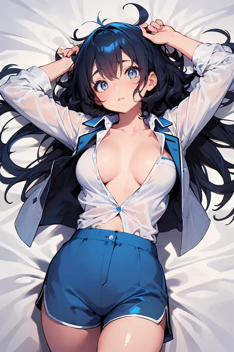 (masterpiece, best quality), 1girl, bed sheet, messy hair, unbuttoned shirt, unbuttoned shorts, blue pajamas, shiny skin,