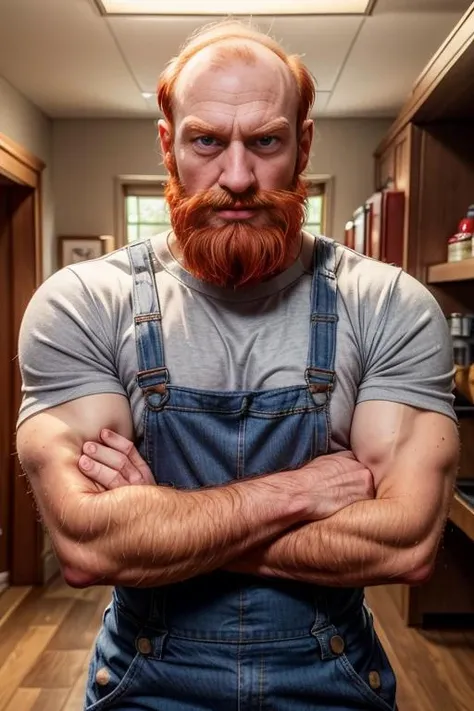 willie_simpsons, red hair, receding hairline, balding, unibrow, shirt, muscular, sleeves rolled up, beard, overalls, hairy arms, <lora:add_detail:1>, <lora:willie_simpsons-40:0.55>