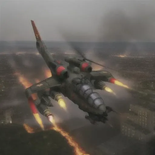 analog gloomy aerial photo of a black (twinblade helicopter, <lora:twinblade:0.8>), ((nighttime)), (flying low through a (city on fire) at night), city ruins, (urban combat), ((explosions in the background)), High Detail, Sharp focus, (photorealism), realistic, best quality, 8k, award winning, masterpiece, ambient fog:1.5, war, depth of field, dutch angle, motion blur, realistic, soviet , red