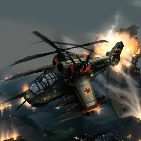 analog gloomy aerial photo of a black (twinblade helicopter, <lora:twinblade:0.8>), ((nighttime)), (flying low through a (city on fire) at night), city ruins, (urban combat), ((explosions in the background)), High Detail, Sharp focus, (photorealism), realistic, best quality, 8k, award winning, masterpiece, ambient fog:1.5, war, depth of field, dutch angle, motion blur, realistic, soviet , red
