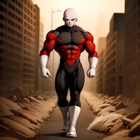 ((masterpiece, best quality)),(complex lighting),solo,1boy, full body, jiren,white gloves,bodysuit,muscular,bald <lora:Jiren_1:0.6>, light particles, dust particles, walking,