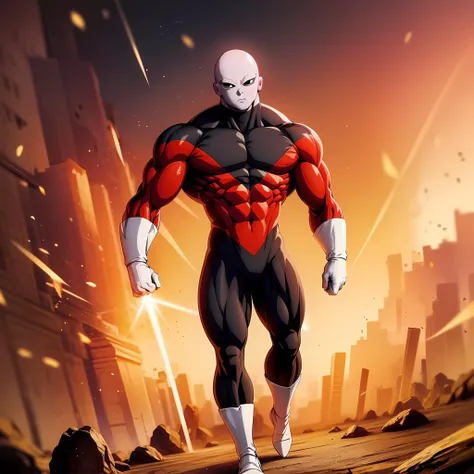 ((masterpiece, best quality)),(complex lighting),solo,1boy, full body, jiren,white gloves,bodysuit,muscular,bald <lora:Jiren_1:0.6>, light particles, dust particles, red aura, topless,