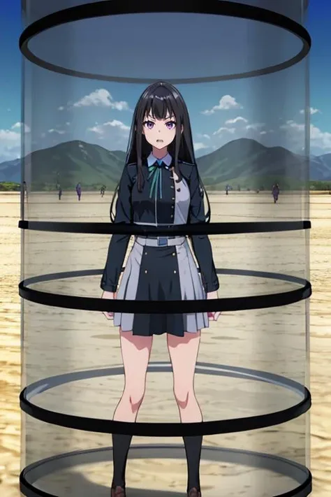 masterpiece,best quality,highly detailed,1girl,solo,
<lora:takina_inoue_v1:0.7>,takina inoue,purple eyes,black hair,long hair,lycoris uniform,green ribbon,long sleeves,two-tone dress,pleated dress,collared shirt,kneehighs,panicking,raised eyebrows,constricted pupils,clenched teeth,restrained,
BREAK
<lora:glassChamber:0.6>,glassChamber,from outside,glass,chamber,against glass,drum (container),black circle frame,desert,outdoors,cowboy shot, hands focus, hands on glass,