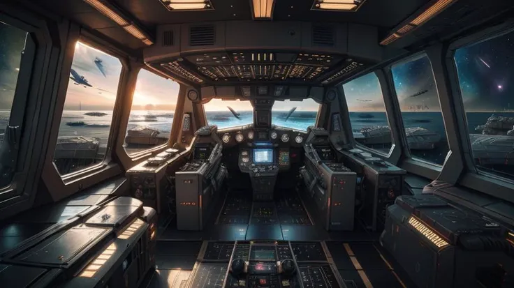 spaceship bridge, view of deep space through cockpit, sharp, realistic, 4k, film grain, bokeh, (bridge of an imperial cruiser:1.5), view port looking out into space, inside of a spaceship <lora:spaceship bridge-v1.0:1>