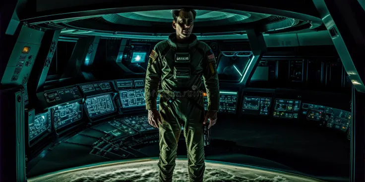 High quality photograph of Spaceship bridge, ANALOG style, <lora:spaceship bridge-v1.0:1>, NCCG standing in his general uniform, <lora:NCCG3_3045:1>, <lora:add_detail:1>, dark studio, rim lighting, two tone lighting, dimly lit, low key, <lora:epiNoiseoffset_v2:0.75>