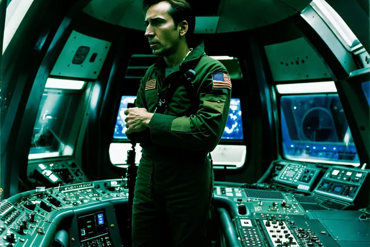 High quality photograph of Spaceship bridge, ANALOG style, <lora:spaceship bridge-v1.0:1>, NCCG standing in his general uniform, <lora:NCCG3_3045:1>