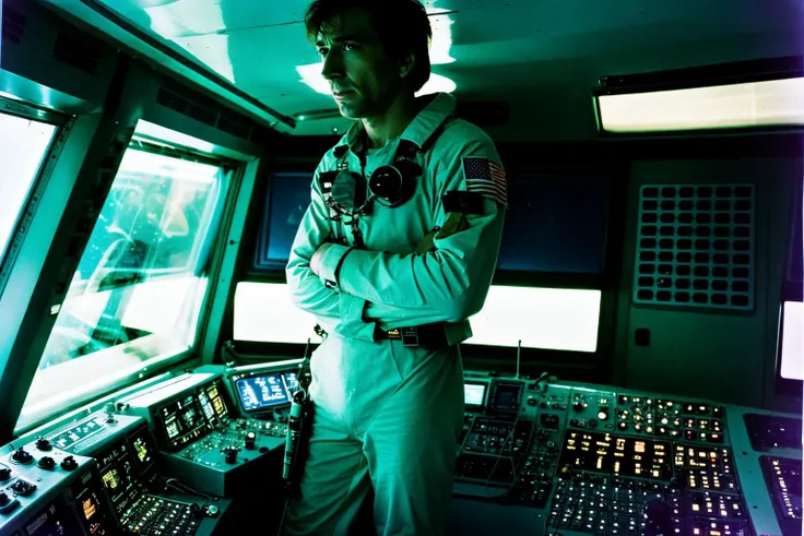 High quality photograph of Spaceship bridge, ANALOG style, <lora:spaceship bridge-v1.0:1>, NCCG standing in his general uniform, <lora:NCCG3_3045:1>