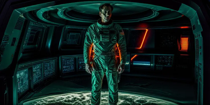 High quality photograph of Spaceship bridge, ANALOG style, <lora:spaceship bridge-v1.0:1>, NCCG standing in his general uniform, <lora:NCCG3_3045:1>, <lora:add_detail:1>, dark studio, rim lighting, two tone lighting, dimly lit, low key, <lora:epiNoiseoffset_v2:0.75>