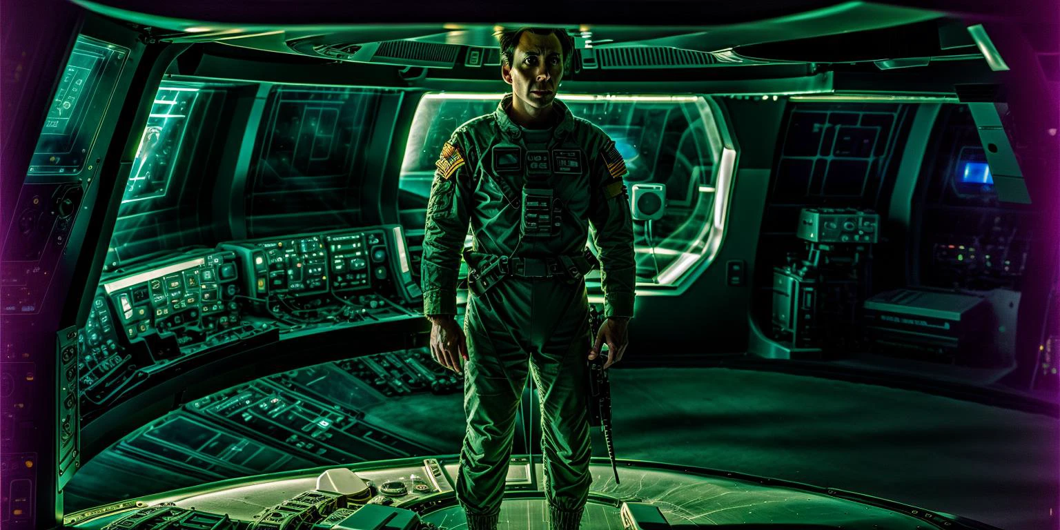 High quality photograph of Spaceship bridge, ANALOG style, <lora:spaceship bridge-v1.0:1>, NCCG standing in his general uniform, <lora:NCCG3_3045:1>, <lora:add_detail:1>, futuristic lighting,film grain <lora:epiNoiseoffset_v2:0.75>
