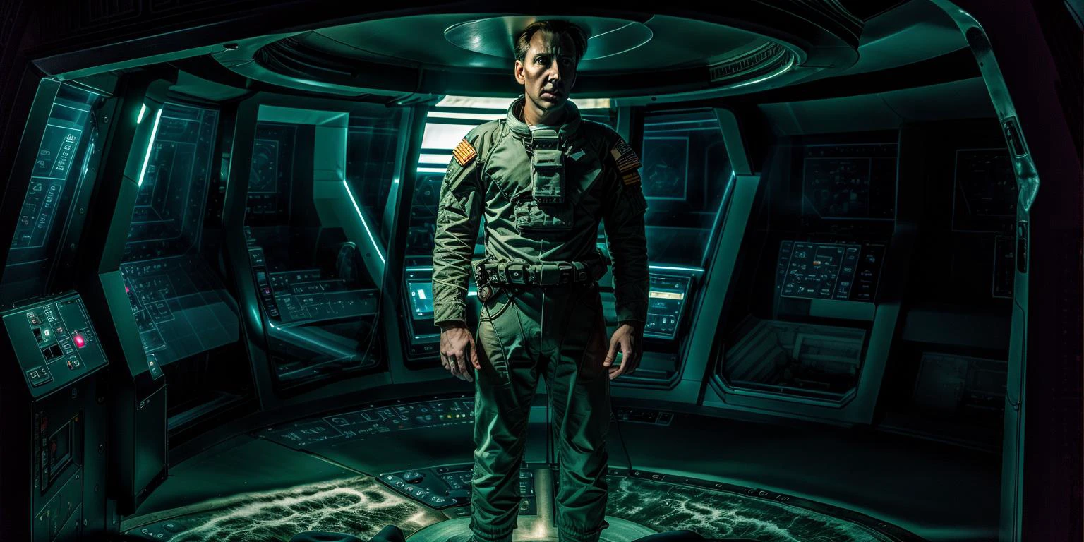 High quality photograph of Spaceship bridge, ANALOG style, <lora:spaceship bridge-v1.0:1>, NCCG standing in his general uniform, <lora:NCCG3_3045:1>, <lora:add_detail:1>, dark studio, rim lighting, two tone lighting, dimly lit, low key, <lora:epiNoiseoffset_v2:0.75>