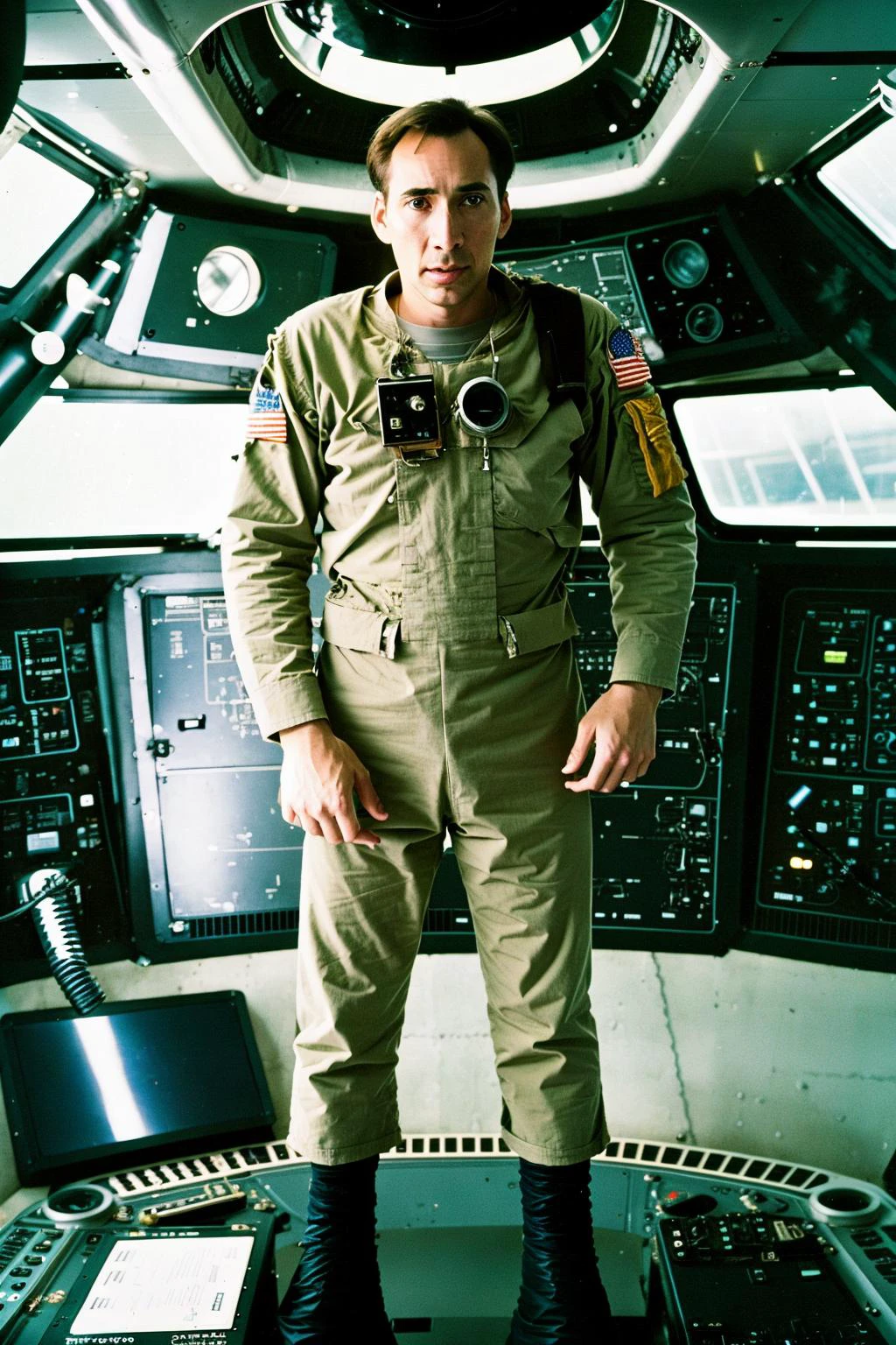 High quality photograph of Spaceship bridge, ANALOG style, <lora:spaceship bridge-v1.0:1>, NCCG standing in his general uniform, <lora:NCCG3_3045:1>