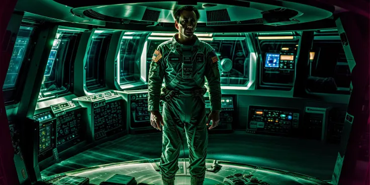 High quality photograph of Spaceship bridge, ANALOG style, <lora:spaceship bridge-v1.0:1>, NCCG standing in his general uniform, <lora:NCCG3_3045:1>, <lora:add_detail:1>, futuristic lighting,film grain <lora:epiNoiseoffset_v2:0.75>