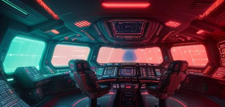 <lora:spaceship bridge-v1.0:1> spaceship bridge, neon lighting, sharp, realistic, 4k, film grain, bokeh, red and white
