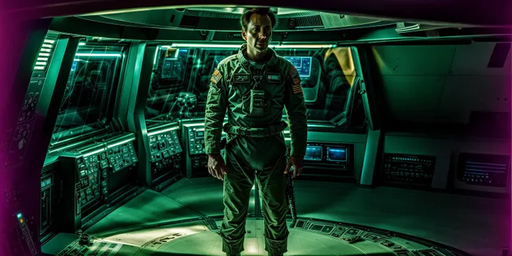 High quality photograph of Spaceship bridge, ANALOG style, <lora:spaceship bridge-v1.0:1>, NCCG standing in his general uniform, <lora:NCCG3_3045:1>, <lora:add_detail:1>, futuristic lighting,film grain <lora:epiNoiseoffset_v2:0.75>