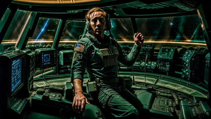 High quality photograph of Spaceship bridge, ANALOG style, <lora:spaceship bridge-v1.0:1>, NCCG sitting on his chair and wearing his general uniform, <lora:NCCG3_3045:1>, <lora:add_detail:1>, futuristic lighting, film grain <lora:epiNoiseoffset_v2:0.75>