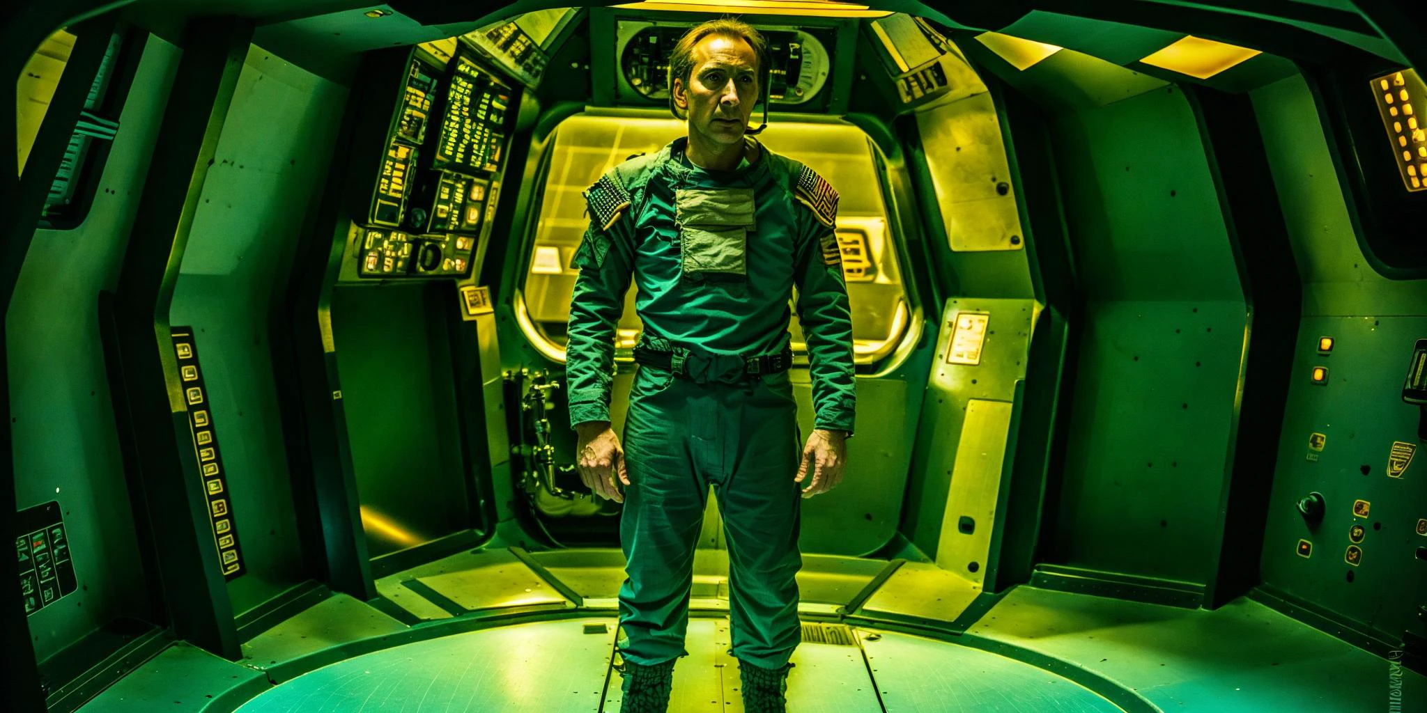 High quality photograph of Spaceship bridge, ANALOG style, <lora:spaceship bridge-v1.0:1>, NCCG standing in his general uniform, <lora:NCCG3_3045:1>