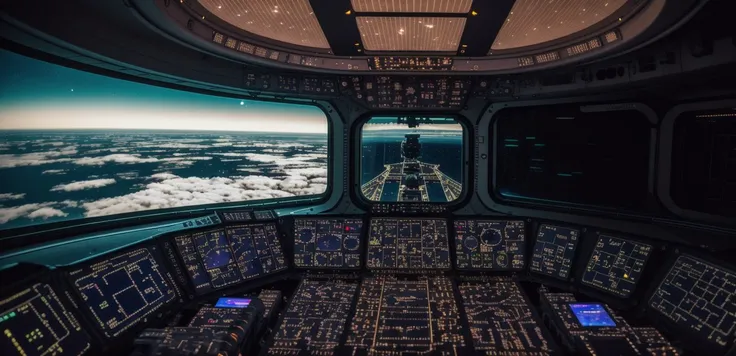 <lora:spaceship bridge-v1.0:1> spaceship bridge, view of earth through cockpit, sharp, realistic, 4k, film grain, bokeh