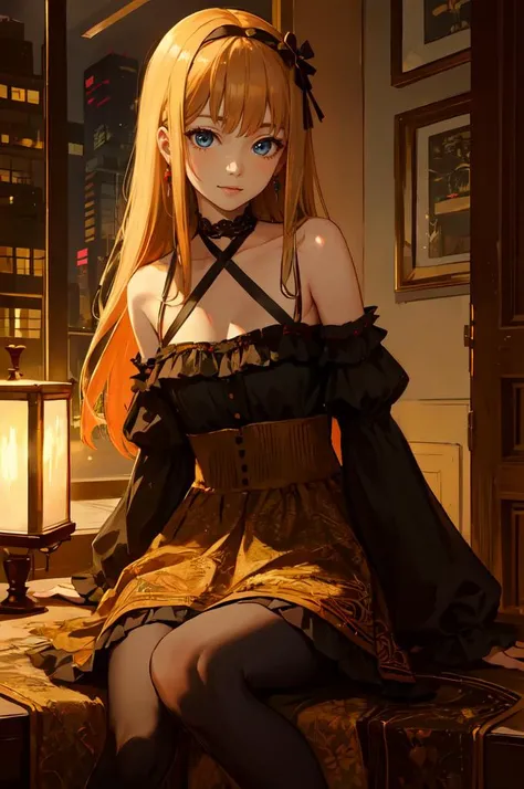 <lora:antiwhite:0.75> night, darkness,, ultra detailed, masterpiece, best quality, solo, soft smile, light smile,
1girl, blue eyes, very long hair, blonde hair, long blonde hair, french braid, bangs, medium breasts,
hair ribbon, frilled choker, criss-cross halter, sleeveless dress, high-waist skirt, backless dress, waist bow, detached sleeves, frilled sleeves, wide sleeves, pantyhose, patterned legwear, mary janes,