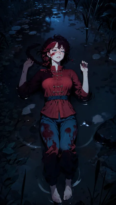 RanmaChan, digital painting, portrayal of cute girl bleeding on ground, from directly above, (majestic masterpiece, best quality, intricate detail, ultra-highres:1.2), lying on the ground, lying on back, looking up, raining, (full body:1.1), (photorealistic:1.2), at night, dramatic dark shot, muddy environment, grass, puddle of blood,
BREAK
(large:1.1) breasts, thin body, slender, lonely look, slightly parted_lips, (red_hair:1.1), single_braid, refreshing youthful scene, shiny skin, wet hair, heavy rain, in the wilderness,
BREAK
(closed_eyes:0.6), blushing, wearing RanmaRedShirt, damp clothes, dripping, (blood splatter:1.1), kungfu_pants, blood on skin,
BREAK
phblue, realistic skin texture, somber scenery, blue theme, mist from the rain rises from the ground, tiny droplets of moisture, catching her breath, stunning cinematic scene, depth of field, sharp focus, (dramatic storm:1.1), dark shadows and subtle contrast,
<lora:bluestyle-000005:0.7>, <lora:lowra_v10:0.3>, <lora:add_detail:0.3>, <lora:antiwhite:0.6>, <lora:RanmaChanV3:0.65>