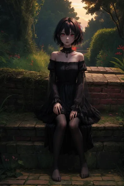 1girl, (darkness), stone walls, arm support, sitting, no shoes, soles, crazy eyes, black legwear, pantyhose, elegant gothic dress, black dress, black frills, black lace, cowboy shot <lora:antiwhite:1.0>, black shirt, black petticoat (red hair) <lora:detail_slider_v4:1>