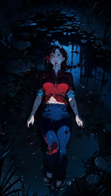 defeated RanmaChan, digital painting, portrayal of cute girl bleeding on ground, from directly above, (majestic masterpiece, best quality, intricate detail, ultra-highres:1.2), lying on the ground, lying on back, looking up, raining, (full body:1.1), (photorealistic:1.2), at night, dramatic dark shot, muddy environment, grass, puddle of blood,
BREAK
(large:1.1) breasts, thin body, slender, lonely look, slightly parted_lips, (red_hair:1.1), single_braid, refreshing youthful scene, shiny skin, wet hair, heavy rain, in the wilderness,
BREAK
(closed_eyes:0.6), blushing, wearing RanmaRedShirt, damp clothes, dripping, (blood splatter:1.1), kungfu_pants, blood on skin, fire, burning,
BREAK
phblue, realistic skin texture, somber scenery, blue theme, mist from the rain rises from the ground, tiny droplets of moisture, catching her breath, stunning cinematic scene, depth of field, sharp focus, (dramatic storm:1.1), dark shadows and subtle contrast,
<lora:bluestyle-000005:0.7>, <lora:lowra_v10:0.3>, <lora:add_detail:0.3>, <lora:antiwhite:0.6>, <lora:RanmaChanV3:0.65>