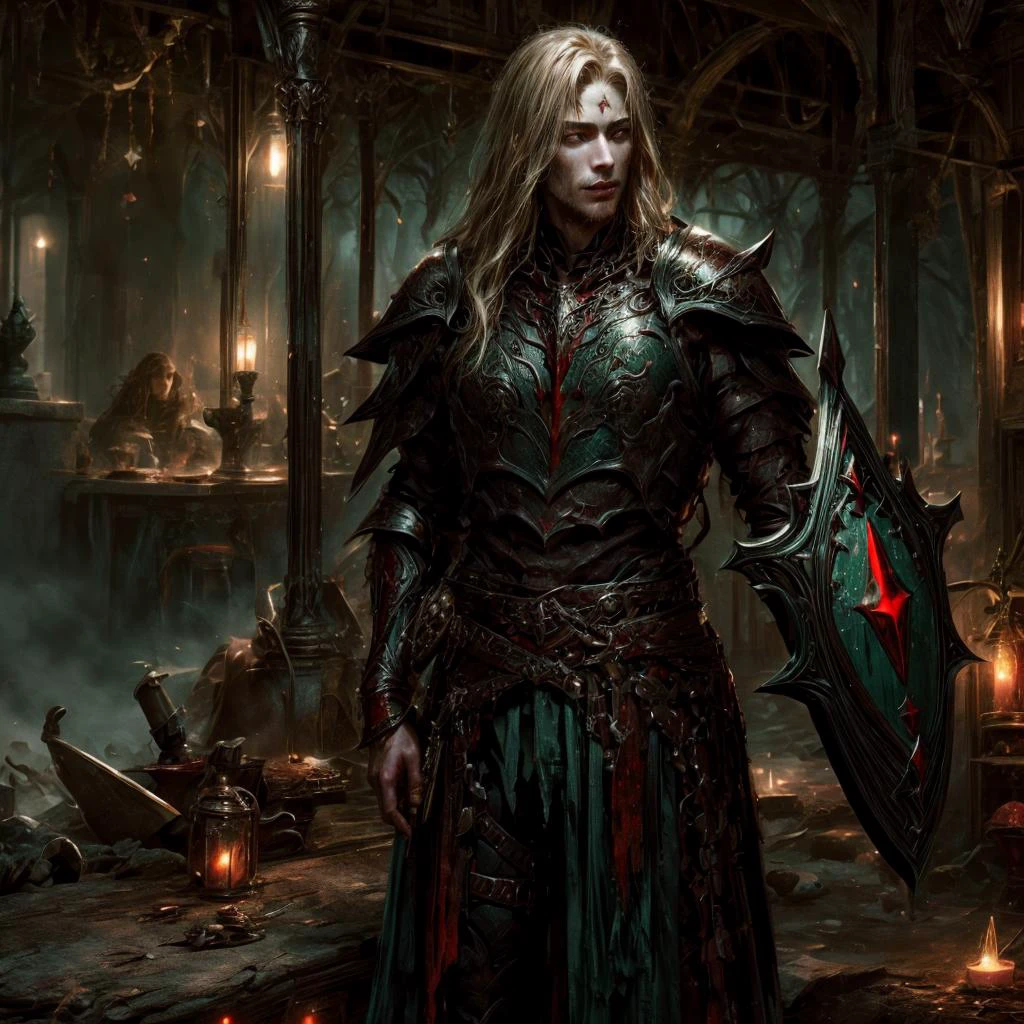 19 yo boy in dark bronze armor holding a shield and spear, blonde hair green eyes <lora:BloodMagic:0.8> bloodmagic, fantasy, magical energy, blood <lora:antiwhite:0.8> <lora:more_details:0.8>